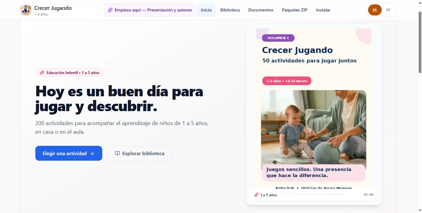Pantalla real de inicio de la app Crecer Jugando